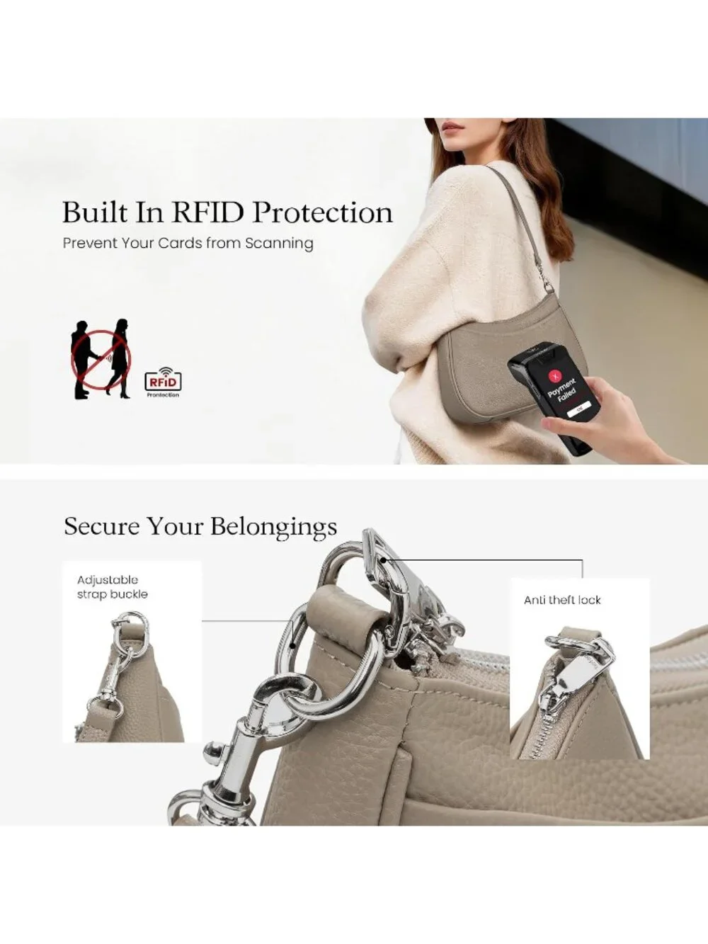 Women's Taupe Grey Genuine Leather Anti Theft Trendy Purse with RFID Handbags